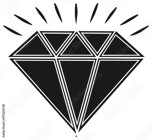 Black and white diamond vector illustration, brilliant cut gemstone, sparkle