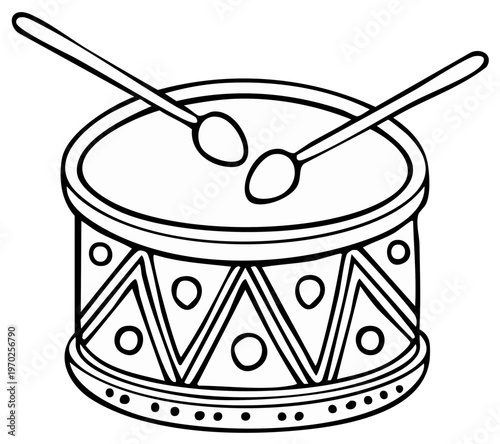 Simple Line Drawing of a Drum and Drumsticks Ready for Music Making