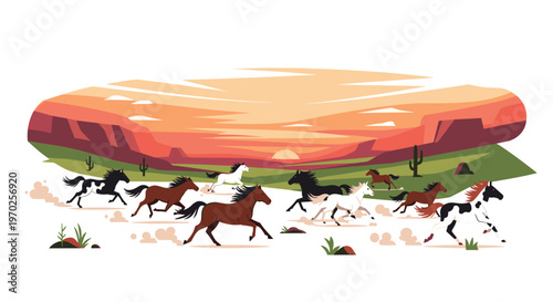 A large group of horses is shown galloping through a desert landscape with cacti and mesas under a colorful sunset.