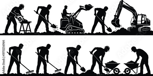 Construction Site Silhouettes Featuring Workers with Shovels Wheelbarrows and Excavator Machinery Vector Illustration for Building Industry Roadwork and Labor Concept Isolated on White