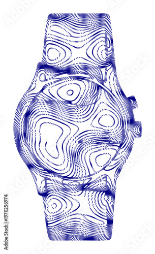 Futuristic watch silhouette, abstract topographic line art, modern tech design