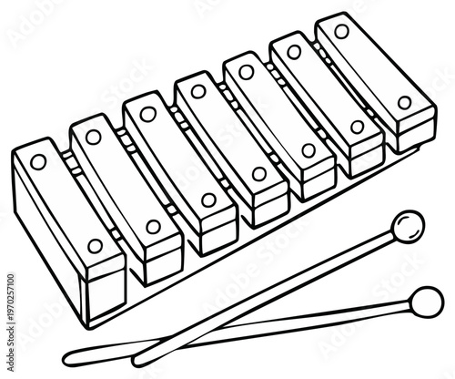 Black and white illustration of a xylophone and mallets for musical instrument concept.