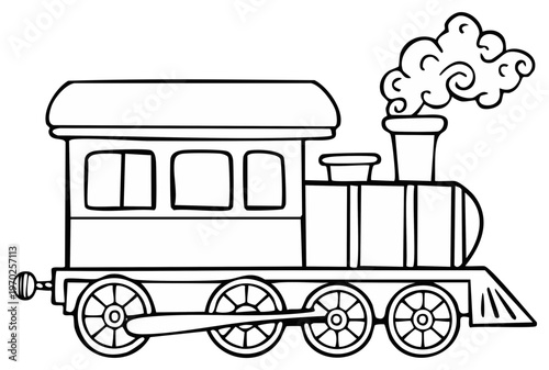 Classic steam locomotive with billowing smoke in a line art drawing style