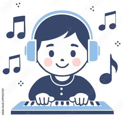 Cartoon boy with headphones playing keyboard and music notes illustration, creating musical masterpiece and enjoying melody for entertainment