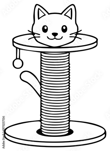 Cartoon Cat Head on Scratching Post Outline Illustration for Creative Design