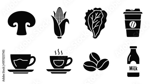 A collection of black silhouette icons depicting fresh produce hot beverages and dairy providing a simple aesthetic silhouette high quality professional