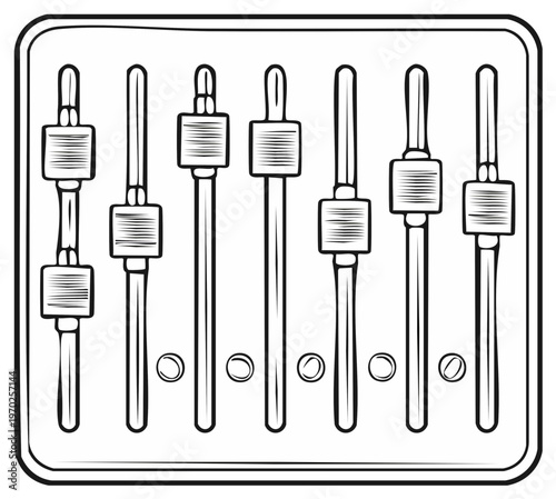 Black and white illustration of audio mixing faders, sound board controls.