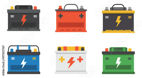 Car and vehicle batteries flat vector, colorful illustrations with different power capacity symbols, modern design for automotive repair, maintenance, and energy storage concepts