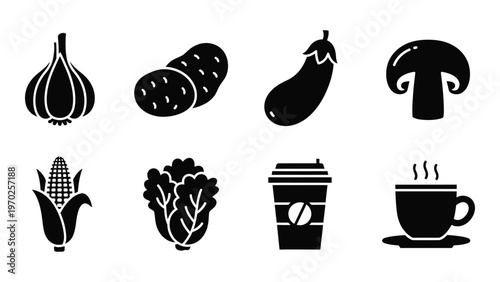 A collection of black silhouettes depicting various foods including vegetables fruits and beverages silhouette high quality professional detailed modern elegant stylish