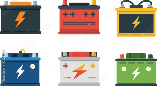 Car and vehicle batteries flat vector, colorful illustrations with different power capacity symbols, modern design for automotive repair, maintenance, and energy storage concepts