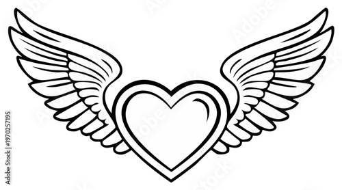 Flying Heart Symbol with Ornamental Wings Black and White Vector Design