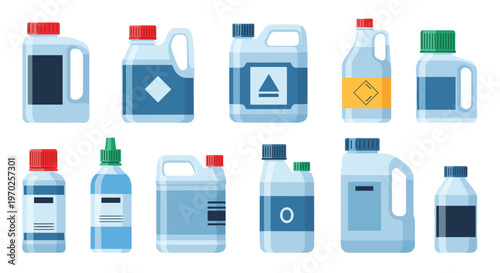 A comprehensive set of plastic jugs and bottles for industrial or household liquids features various shapes with blue labels and colorful lids on white.