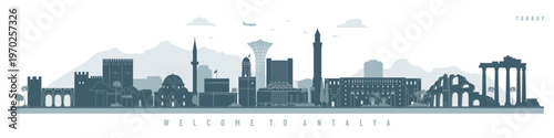 Antalya city famous places vector silhouettes travel and tourism concept, Turkey