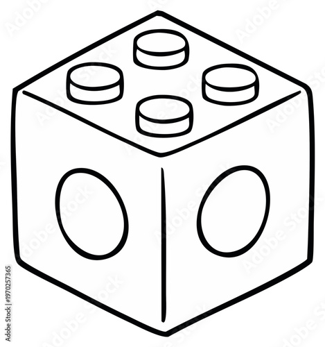 Outline vector illustration of a toy brick; a simple cubic shape drawing with white fill and black borders, top studs