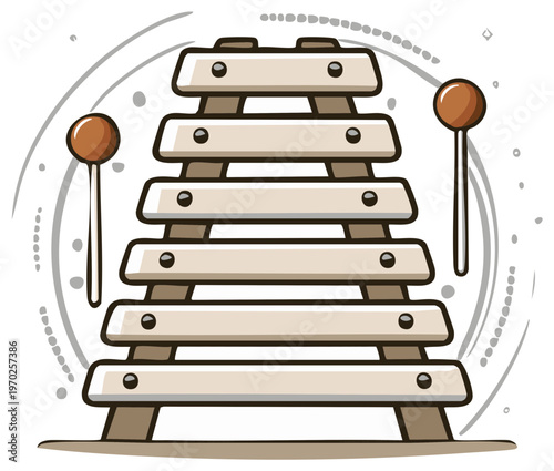 Cartoon illustration of a xylophone with mallets, musical instrument icon.