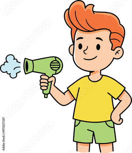 Vector illustration of cartoon character using hair dryer with puff of air