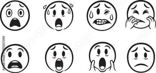 Set of eight distressed facial expressions hand drawn line art conveying fear and anxiety isolated on white background