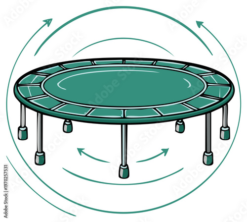 Cartoon depiction of round trampoline with rotation or spinning arrows showing movement and physical activity for recreation and fitness.