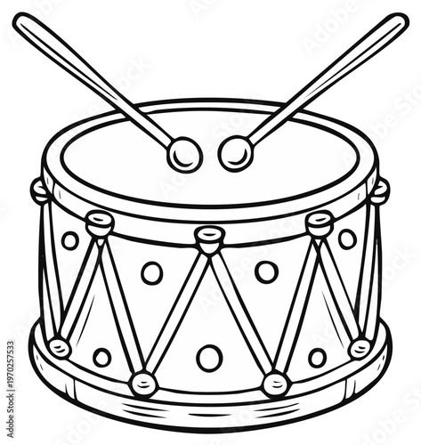 Cartoon Drum Set with Sticks, Musical Instrument Illustration, Black and White Drawing