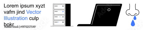 Technology, cybersecurity, cloud storage, healthcare, data management, illness. A server rack, laptop and a nose with a water droplet. Cybersecurity and healthcare concept symbols