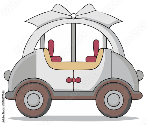 Cartoon Wedding Car with Bow and Elegant Interior: Festive Celebration and Joyful Ride