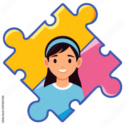 Smiling Girl Portrait Within Colorful Jigsaw Puzzle Pieces
