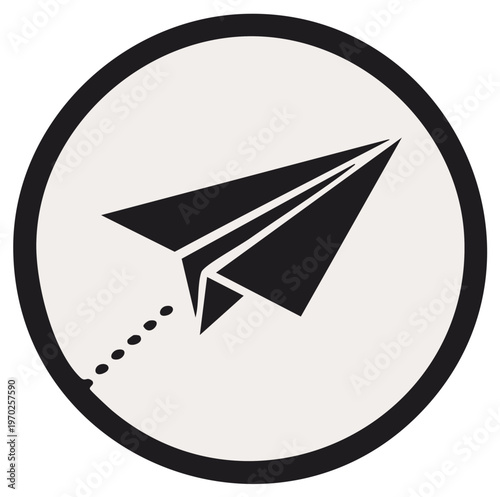 Paper airplane icon flying with dotted path in a circular frame