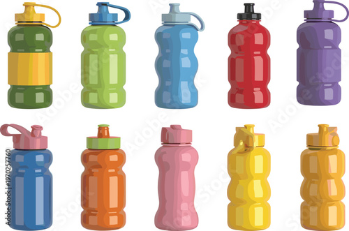 Vector illustration of colorful plastic water bottles with different lids and ergonomic designs