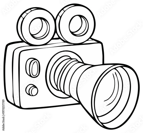 Cartoon movie camera illustration, retro movie production concept, outline