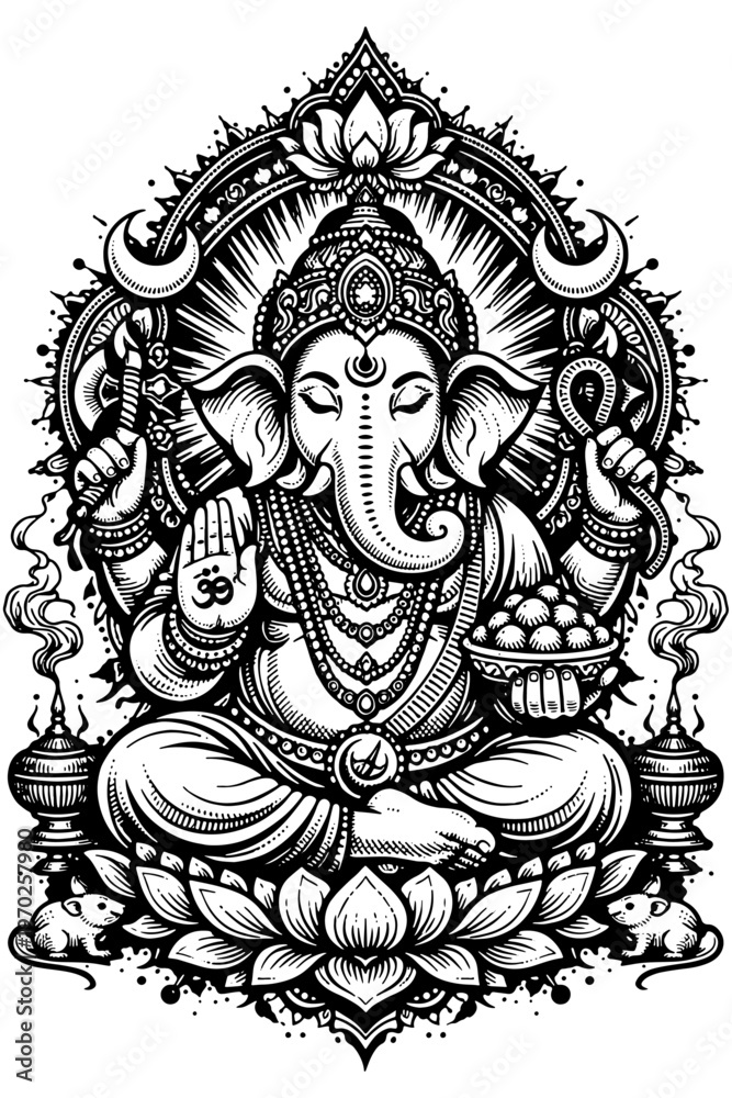 Fototapeta premium Hindu God Ganesha Lotus Pose Tattoo Style Artwork