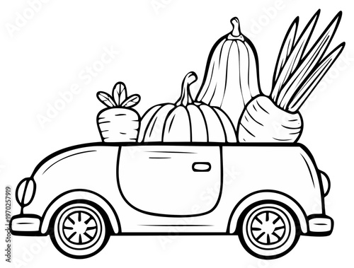 Cartoon vehicle with harvest vegetables illustration