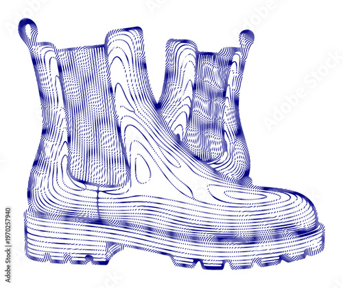 Stylish blue line art chelsea boots with a unique wood grain texture