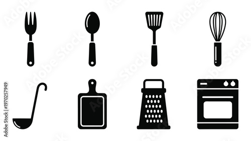 A collection of black kitchen utensils and appliances are displayed against a white background a striking silhouette high quality professional detailed