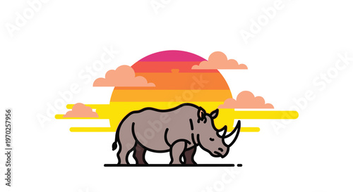A majestic rhinoceros stands in silhouette against a vibrant sunset featuring a large striped sun and soft pink clouds in a flat design style.
