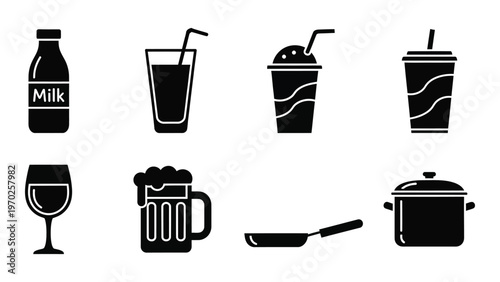 A collection of black silhouettes depicting various beverages and kitchenware showcasing a minimalist design silhouette high quality professional detailed modern elegant
