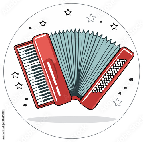 Vibrant red accordion with musical notes and stars, festive celebration, folk music instrument illustration