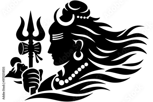 Shiva Portrait Silhouette with Crescent Moon Vector