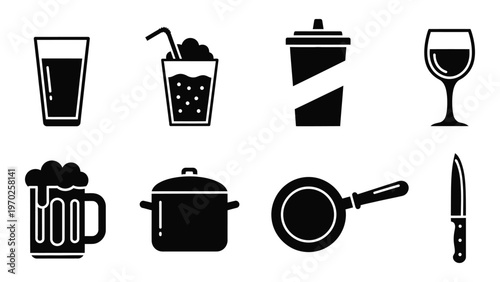 A collection of black silhouettes depicting various drinkware cookware and utensils in a minimalist style silhouette high quality professional detailed modern