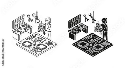 Isometric robotics engineering girl vector, young student building robot at laboratory workbench, STEM education and electronics circuit board