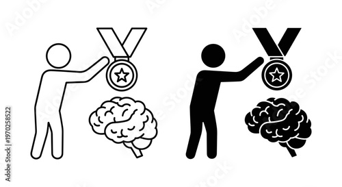 Mental health achievement vector icons, human figure with brain and medal, psychological success and cognitive excellence symbols for wellness