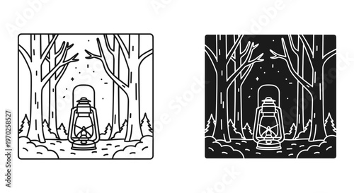 Vintage camping lantern in forest landscape, minimalist line art outdoor adventure icons, rustic kerosene lamp in woods vector set