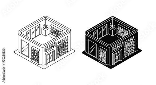 Isometric pharmacy store building vector, drugstore interior with medicine shelves, black and white medical shop icons for healthcare infographics