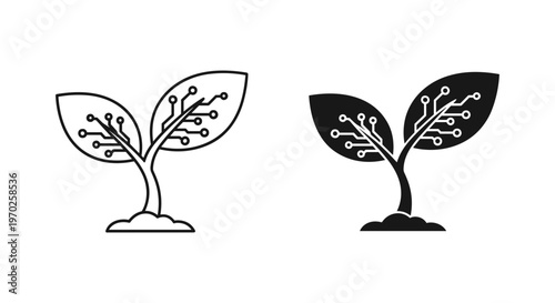 Digital plant growth icons with circuit board leaf veins, green technology concept vector, sustainable electronic innovation symbols on white background
