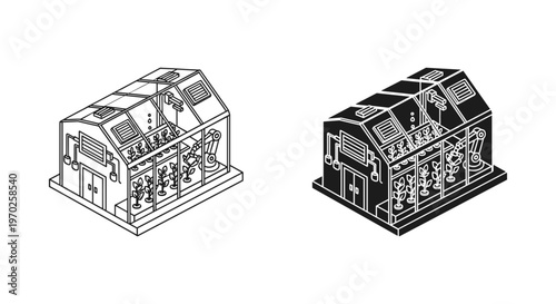 Isometric greenhouse vector icons, modern hydroponic indoor farm structures, sustainable glasshouse agriculture buildings in line and solid styles