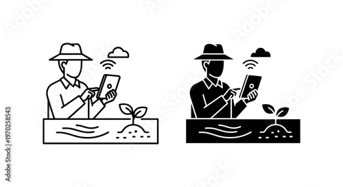 Smart farming icons with farmer using digital tablet. Precision agriculture technology vector. Modern agricultural automation and crop monitoring.