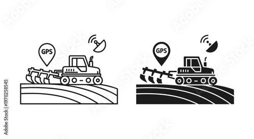Smart farming tractor with GPS navigation, autonomous agricultural machinery icons, precision agriculture technology vector set for modern farming
