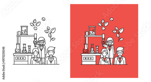 Scientific laboratory research team vector, professional scientists working with lab equipment and plants, biotechnology and chemistry experiment illustration