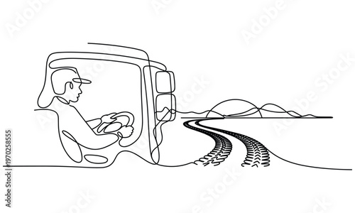 Continuous Line Drawing Driver In Truck Driving On Road Concept.