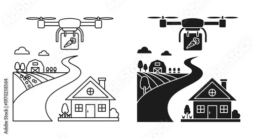 Smart farming drone delivery vector icons, agricultural technology quadcopter carrying food over farm landscape, modern rural logistics illustration