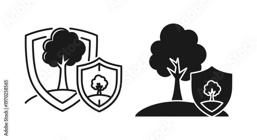 Environmental protection icons with tree and shield symbols, nature conservation vector set, forest preservation and ecology security graphics